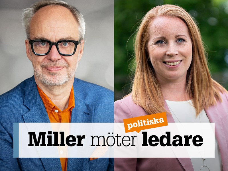 Omslag för podden Miller möter ledare – bild på Andreas Miller och Annie Lööf.